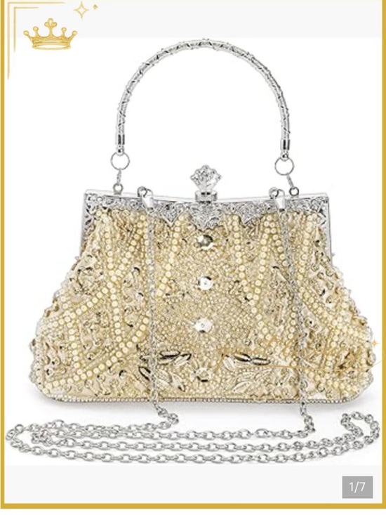 Vintage Handbags - Vintage Beaded Clutch Purse With Detachable Silver Chain Strap For Formal Events